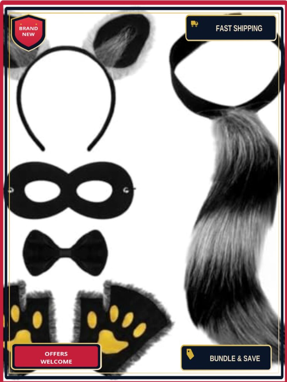Raccoon Costume Accessory Set Faux Fox Fur Tail Ears Gloves Halloween Cosplay